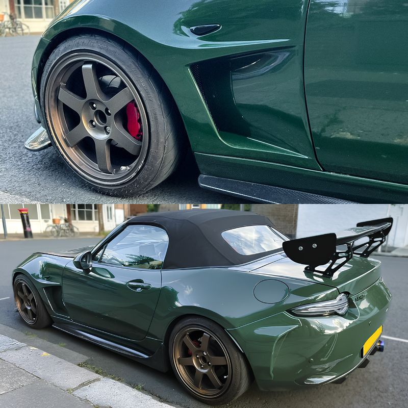 Low angle view of the aggressive track style Akari GT front lip splitter for ND Miata Low angle view of the aggressive track style Akari GT front lip splitter for ND Miata